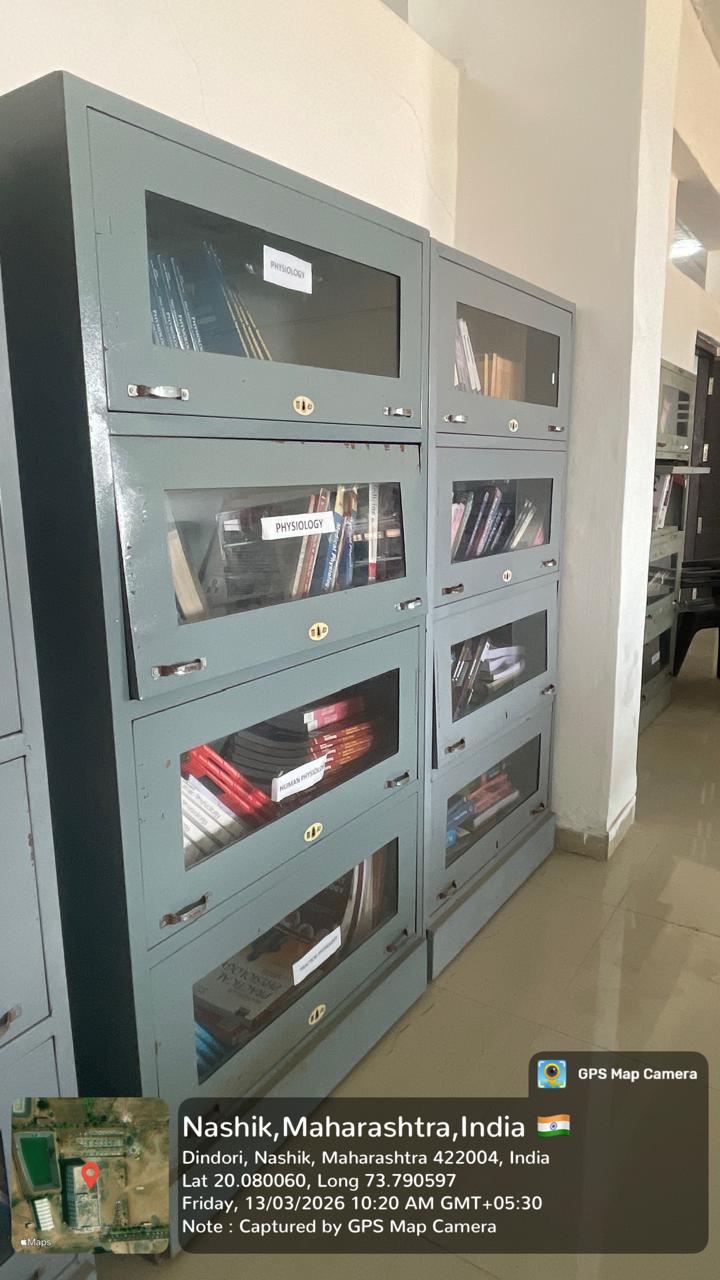 Library book cabinets with physiology books labelled